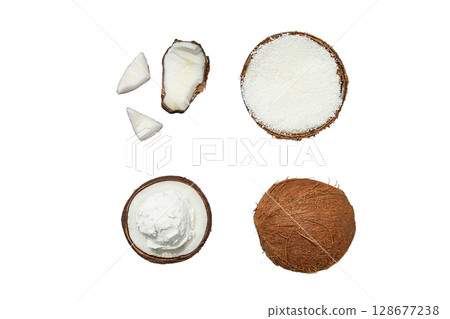 Coconut shavings, meat, and shells, isolated on white, PNG Coconut shavings, meat, and shells, isolated on white, PNG 128677238