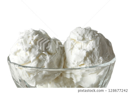 Delicious whipped cream served in a clear bowl, isolated on white, PNG 128677242