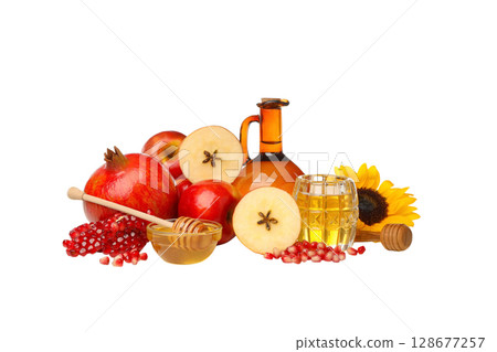 Fresh apples, honey, pomegranate, sunflowers, isolated on white, PNG Fresh apples, honey, pomegranate, sunflowers, isolated on white, PNG 128677257