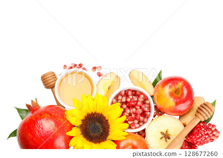 Colorful arrangement of fruits and honey, isolated on white, PNG Colorful arrangement of fruits and honey, isolated on white, PNG 128677260