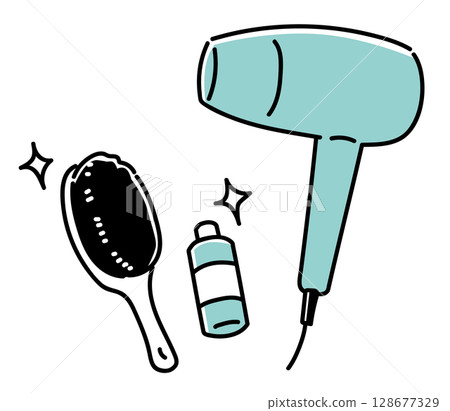 Hair dryer, brush and hair oil_monochrome Hair dryer, brush and hair oil_monochrome 128677329