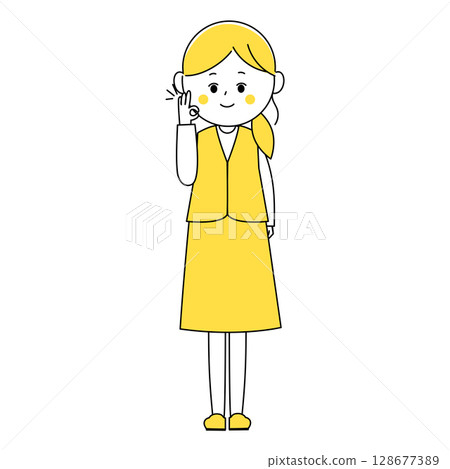 Illustration of a woman in uniform smiling and making an OK pose 128677389