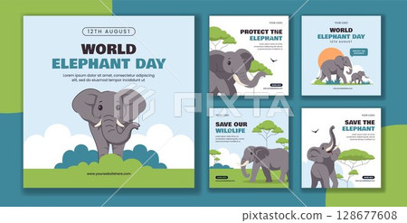 World Elephant Day Social Media Post in Flat Cartoon Hand Drawn Templates Background Illustration 128677608