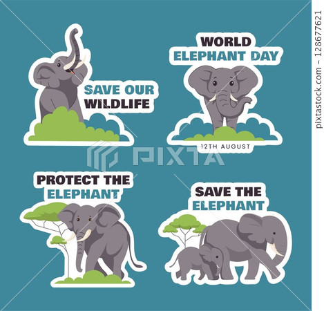 World Elephant Day Label Vector with Cartoon Elephant and Nature in Flat Style 128677621