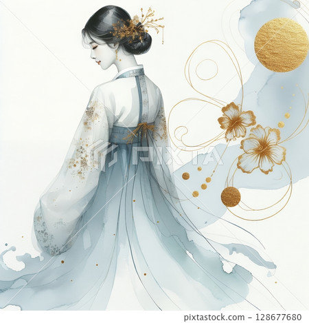 Graceful Korean Woman in Hanbok with Elegant Watercolor and Gold Ink Floral Portrait with Generative AI. 128677680