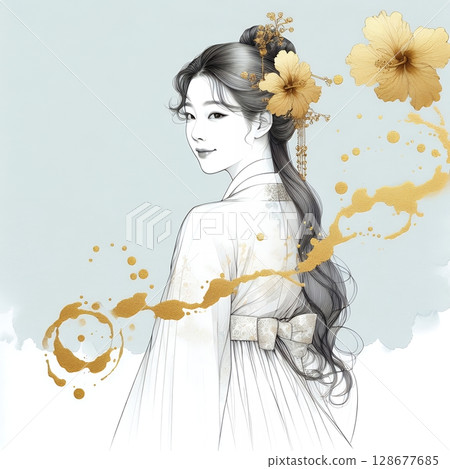 Graceful Korean Woman in Hanbok with Elegant Watercolor and Gold Ink Floral Portrait with Generative AI. Graceful Korean Woman in Hanbok with Elegant Watercolor and Gold Ink Floral Portrait with Generative AI. 128677685