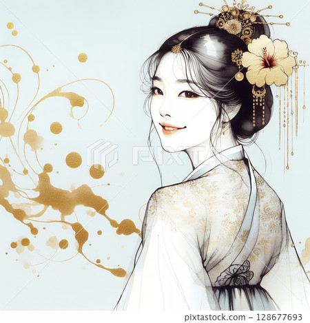 Graceful Korean Woman in Hanbok with Elegant Watercolor and Gold Ink Floral Portrait with Generative AI. Graceful Korean Woman in Hanbok with Elegant Watercolor and Gold Ink Floral Portrait with Generative AI. 128677693