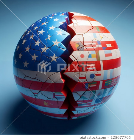 Cracked Relations for USA and worldwide with tariff on a Divided Sphere Symbolizing Geopolitical Tension with Generative AI. 128677705