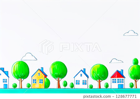 一排房屋和樹木 128677771