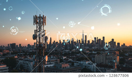 Urban communication infrastructure: 5G cell towers Urban communication infrastructure: 5G cell towers 128677806