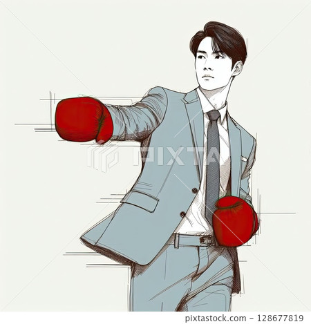 Confident Man in Suit and Boxing Gloves Ready for Battle with Generative AI. 128677819
