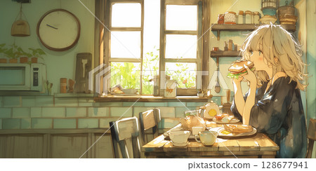 一個吃早餐的女孩 128677941
