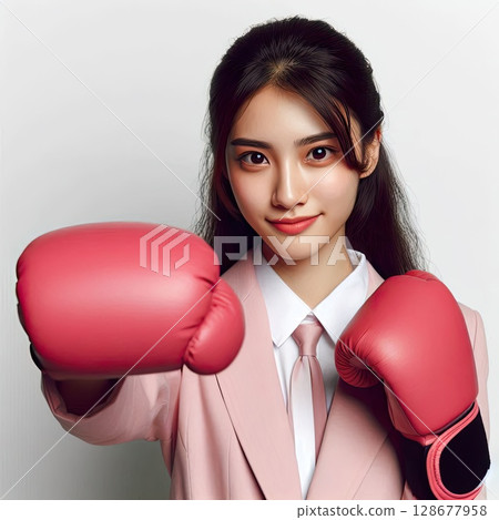 Confident Young Woman in Boxing Gloves Ready for Action with Generative AI. 128677958