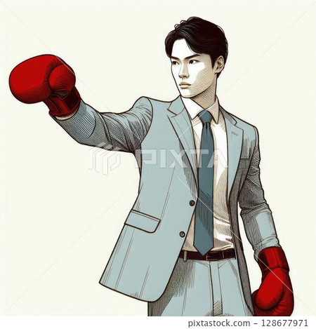 Confident Man in Suit and Boxing Gloves Ready for Battle with Generative AI. 128677971