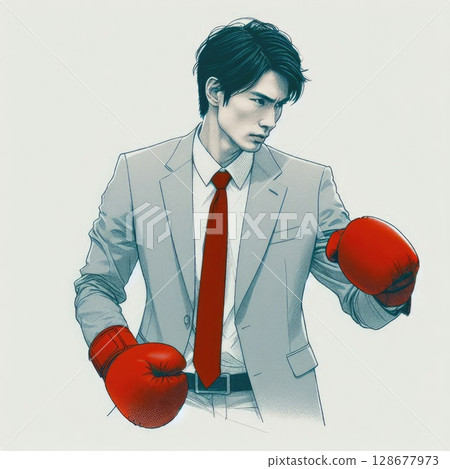 Confident Man in Suit and Boxing Gloves Ready for Battle with Generative AI. 128677973