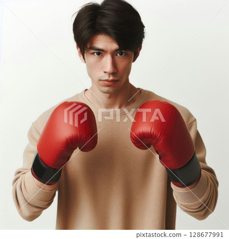 Confident Young Man Wearing Boxing Gloves Ready for a Powerful Punch with Generative AI. 128677991