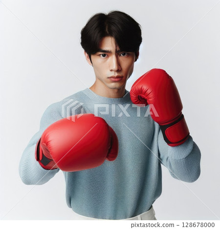 Confident Young Man Wearing Boxing Gloves Ready for a Powerful Punch with Generative AI. 128678000