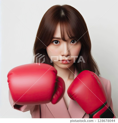 Confident Young Woman in Boxing Gloves Ready for Action with Generative AI. 128678044