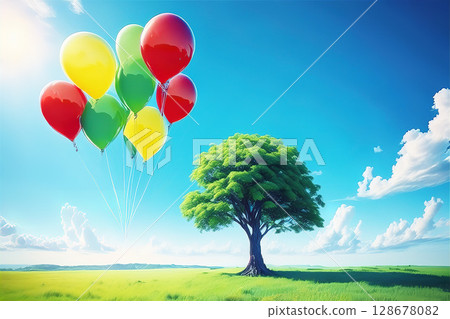 A tree towering over a meadow 128678082