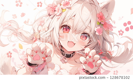 可愛的動漫貓女與櫻花 128678102