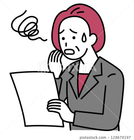 一位穿著西裝的中年婦女在看文件時感到困惑 一位穿著西裝的中年婦女在看文件時感到困惑 128678197