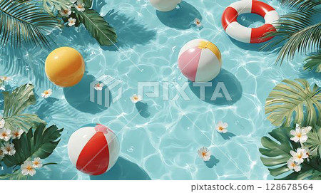 pattern with stylized palm trees and fish 128678564