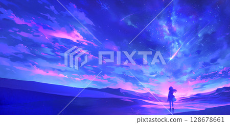 Girl watching a shooting star Girl watching a shooting star 128678661