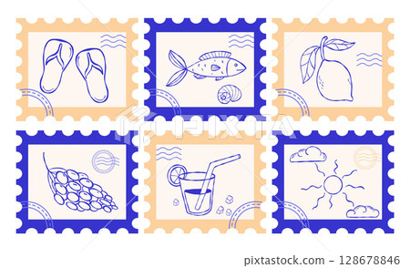 la dolce vita. Mediterranean Postage Stamps set. Vintage Summer aesthetics beach vacation blue sketch. Isolated Trendy horizontal Posters mark Hand drawing. Vector illustration. Not AI 128678846