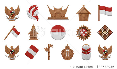 Vector Icons Set of 3D Rendered Indonesian National and Cultural Symbols Collection Garuda Flags Traditional Houses and Cultural Motifs with Soft Clay Texture. Vector Illustrations. EPS Editable.  128678936