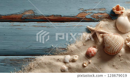 starfish on wooden background 128679019