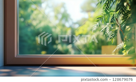 Glass window greenery mountain view corner brown metal frame with plant in outdoor with sun bright 128679076