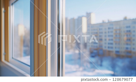 Glass window winter view corner metal frame with plant in outdoor modern architecture Glass window winter view corner metal frame with plant in outdoor modern architecture 128679077