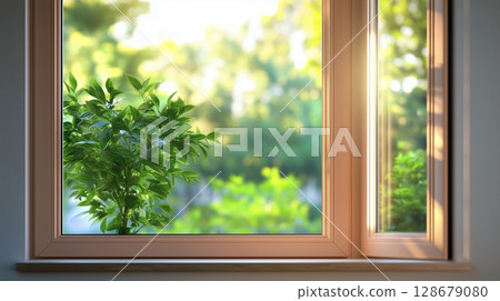 Glass window greenery mountain view corner brown metal frame with plant in outdoor with sun bright 128679080