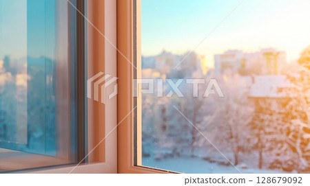 Glass window winter view corner metal frame with plant in outdoor with sun bright modern architecture Glass window winter view corner metal frame with plant in outdoor with sun bright modern architecture 128679092