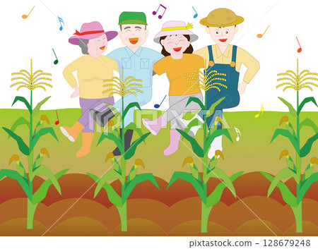 一位農夫與家人一起種植蔬菜的插圖。 128679248