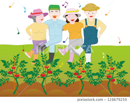 Illustration of a farmer growing vegetables with his family. Illustration of a farmer growing vegetables with his family. 128679250
