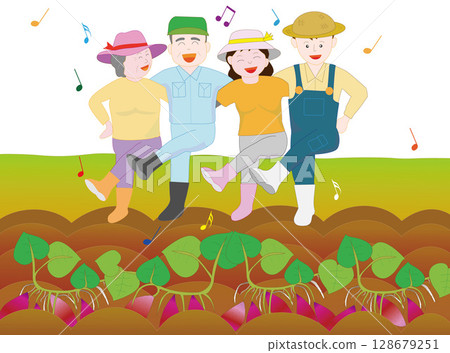 Illustration of a farmer growing vegetables with his family. Illustration of a farmer growing vegetables with his family. 128679251