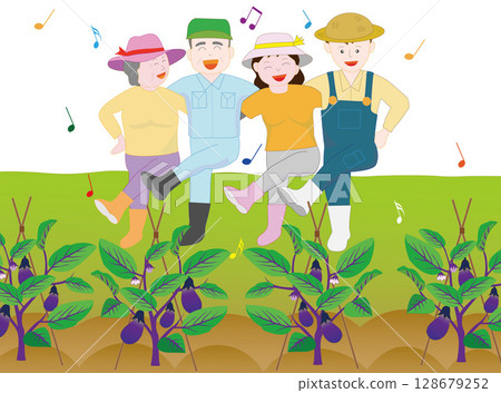 Illustration of a farmer growing vegetables with his family. Illustration of a farmer growing vegetables with his family. 128679252