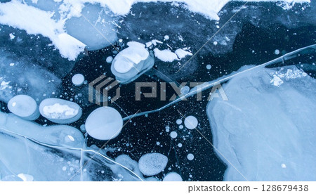 Blue cold ice lake with aerial texture 128679438
