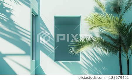Modern minimalist east style window building with blue tone wall and greenery palm plant decoration 128679461