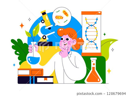 Biotechnology Innovation Illustration featuring Biology and Technology by Developing Products and Processes with a DNA in a Scientific Laboratory Biotechnology Innovation Illustration featuring Biology and Technology by Developing Products and Processes with a DNA in a Scientific Laboratory 128679694