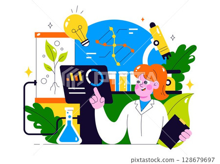 Biotechnology Innovation Illustration featuring Biology and Technology by Developing Products and Processes with a DNA in a Scientific Laboratory Biotechnology Innovation Illustration featuring Biology and Technology by Developing Products and Processes with a DNA in a Scientific Laboratory 128679697