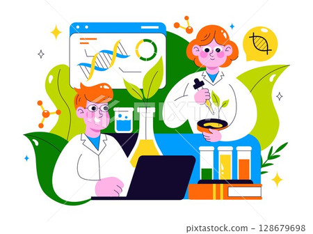 Biotechnology Innovation Illustration featuring Biology and Technology by Developing Products and Processes with a DNA in a Scientific Laboratory 128679698