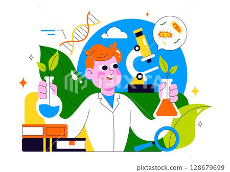 Biotechnology Innovation Illustration featuring Biology and Technology by Developing Products and Processes with a DNA in a Scientific Laboratory Biotechnology Innovation Illustration featuring Biology and Technology by Developing Products and Processes with a DNA in a Scientific Laboratory 128679699