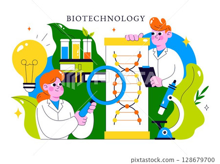 Biotechnology Innovation Illustration featuring Biology and Technology by Developing Products and Processes with a DNA in a Scientific Laboratory 128679700