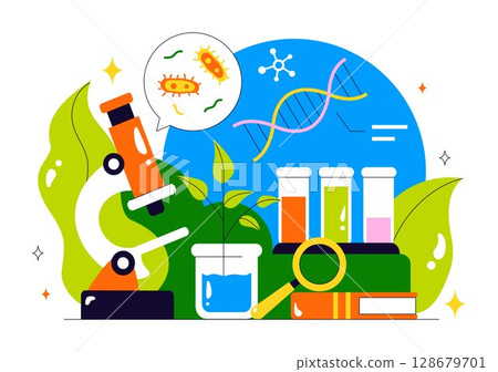 Biotechnology Innovation Illustration featuring Biology and Technology by Developing Products and Processes with a DNA in a Scientific Laboratory 128679701