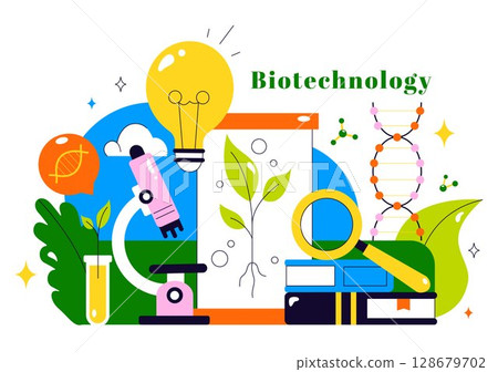 Biotechnology Innovation Illustration featuring Biology and Technology by Developing Products and Processes with a DNA in a Scientific Laboratory Biotechnology Innovation Illustration featuring Biology and Technology by Developing Products and Processes with a DNA in a Scientific Laboratory 128679702