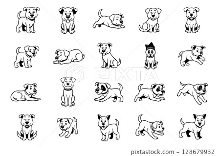 Adorable dog vector illustrations in various playful and common poses, great for pet and animal designs. Pet. 128679932