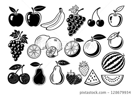 Collection of fresh fruit vector illustrations including apples, bananas, grapes, cherries, and citrus fruits. Food. 128679934