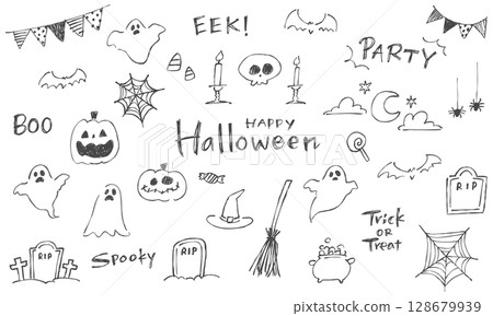 A set of hand-drawn Halloween illustrations and lettering. Loose doodle style line art illustrations. 128679939